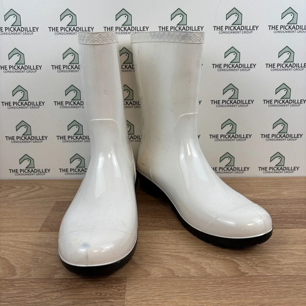 UGG White Rain Boots Women's Size 11 Mid Calf Waterproof Rubber Lug Sole Shiny